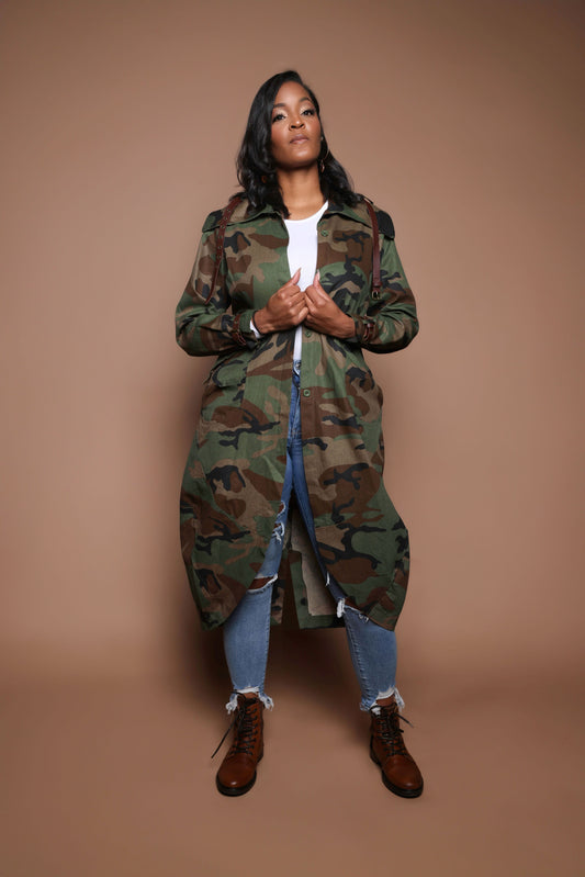 Long Trench Camo Jacket with Belt Detail