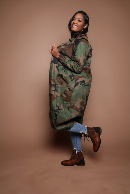 Long Trench Camo Jacket with Belt Detail